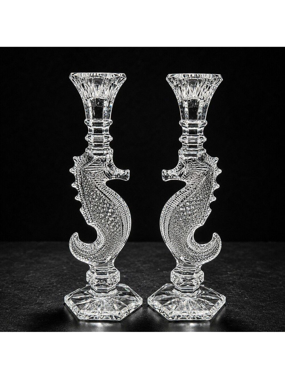 Waterford Crystal Seahorse Candlesticks Set 2000 WS 10.5" Made In Ireland in Box